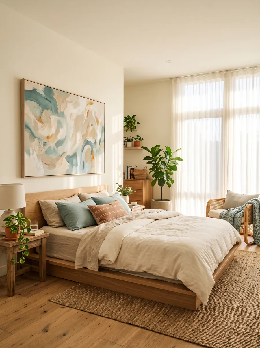 A calm bright bedroom with a wide canvas of soft abstract art above the bed
