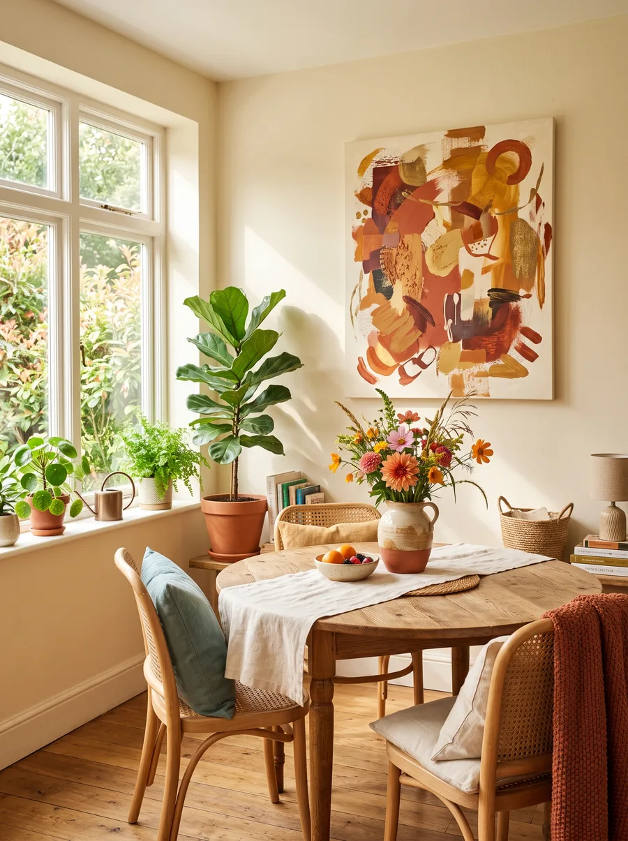 A cheerful dining nook with a warm abstract canvas beside an oak table