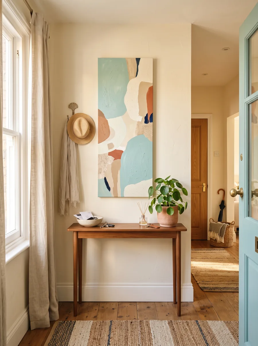 A bright entryway with a tall canvas of fresh abstract art above a wooden console