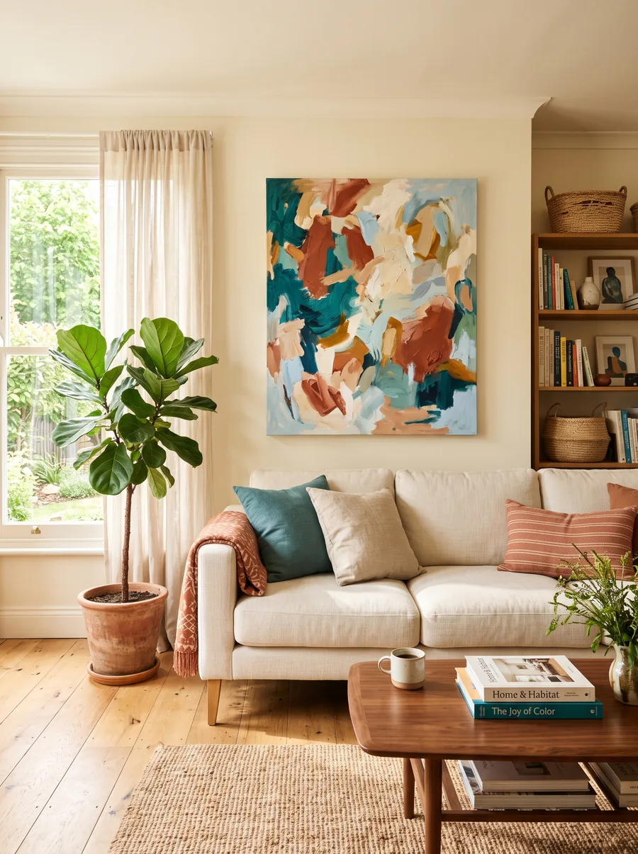 A sunlit living room with a large teal and terracotta canvas above a linen sofa